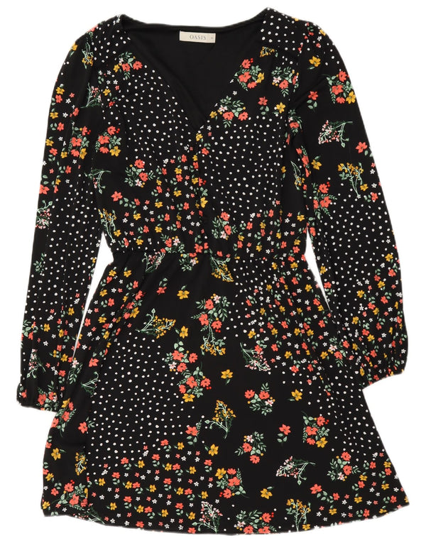 Oasis Dame Langærmet A-Line Kjole UK 6 XS Sort Floral Polyester