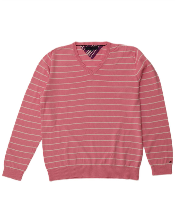 TOMMY HILFIGER Herre V-hals sweater Stor lyserød stribet bomuld
