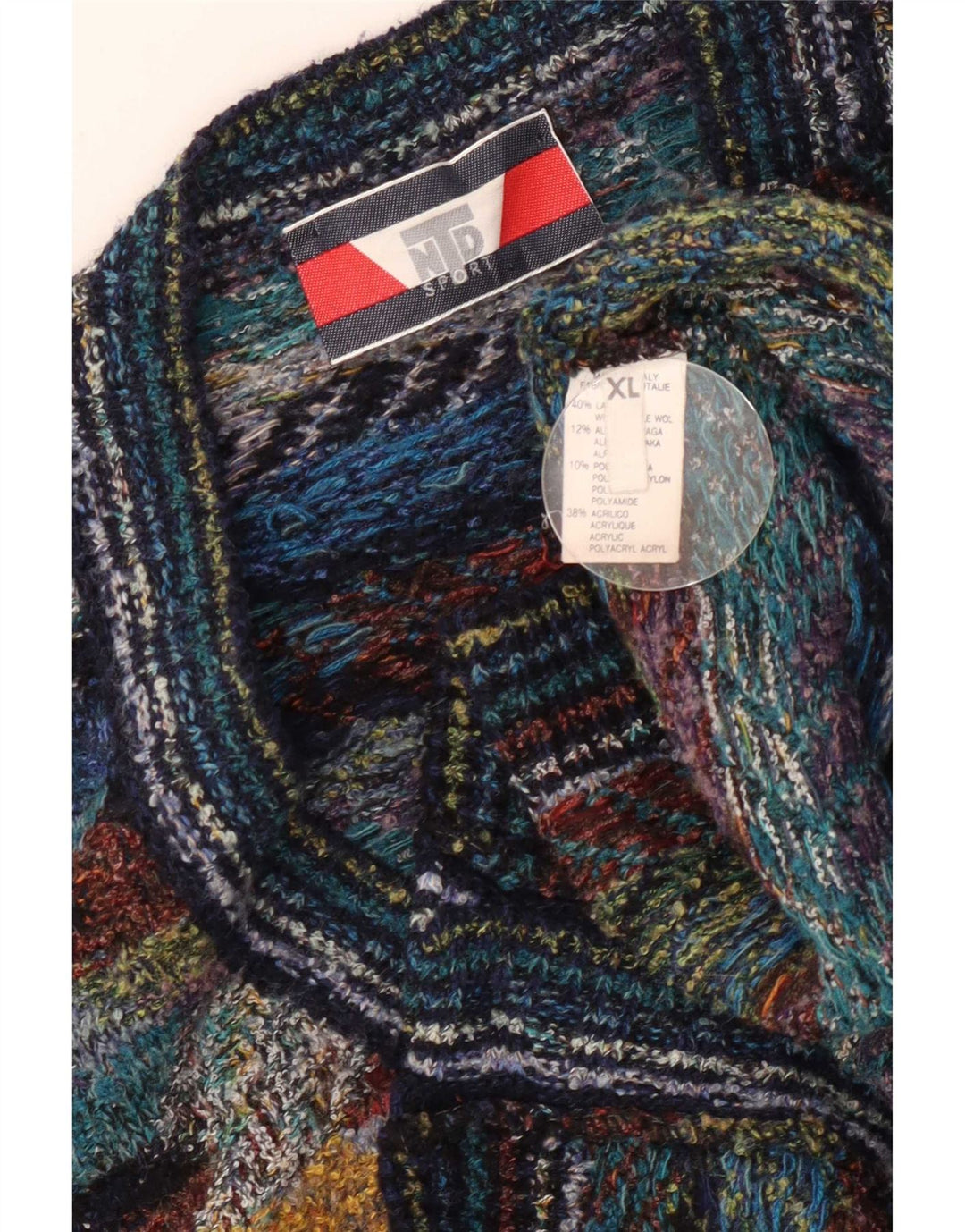 Vintage herre ærmeløs cardigan sweater XL flerfarvet geometrisk uld