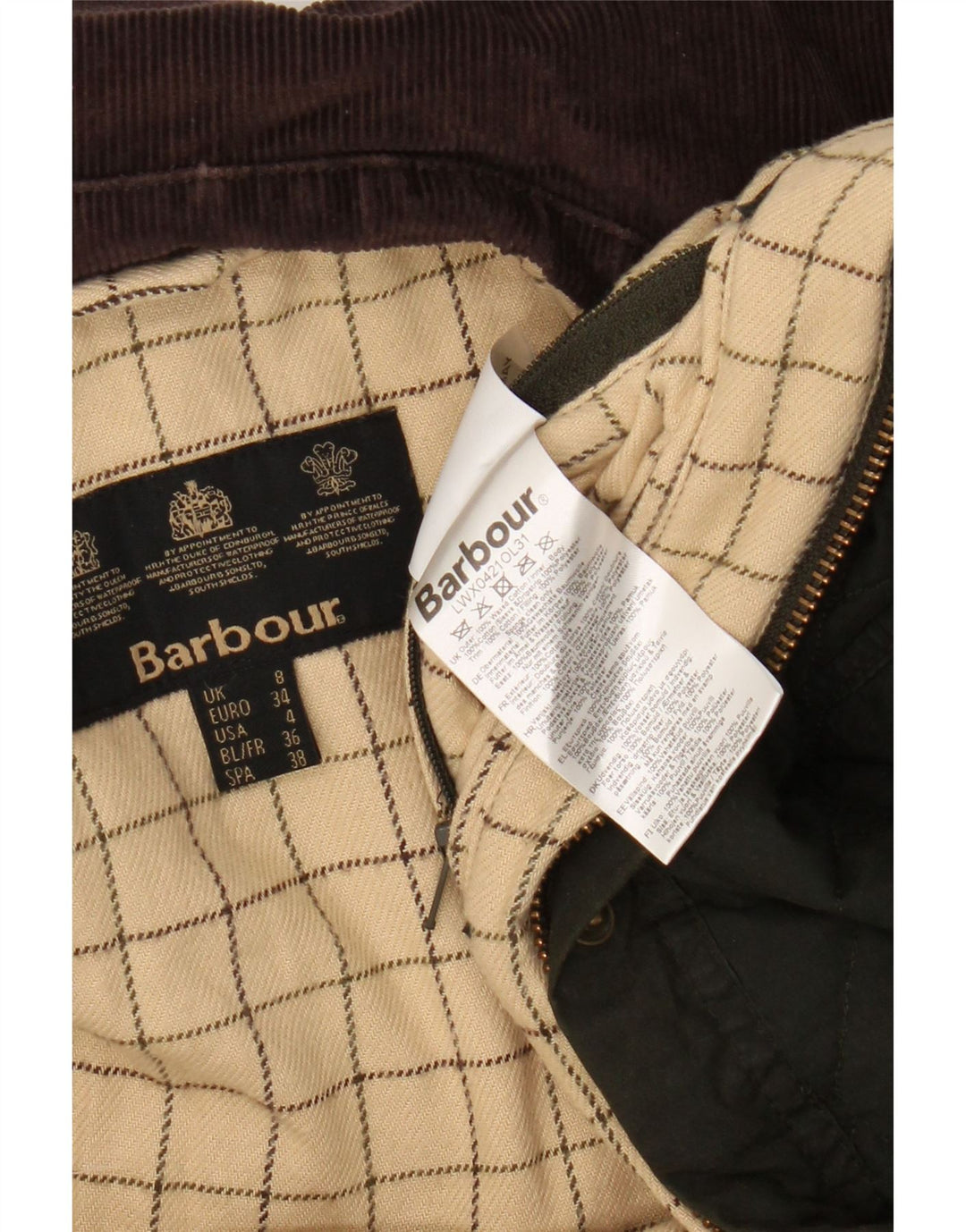 Barbour Dame Vokset Bomuld Quiltet Jakke UK 8 Lille Khaki Bomuld