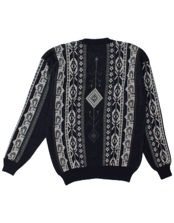 Vintage Herre rund hals sweater stor marineblå Fair Isle