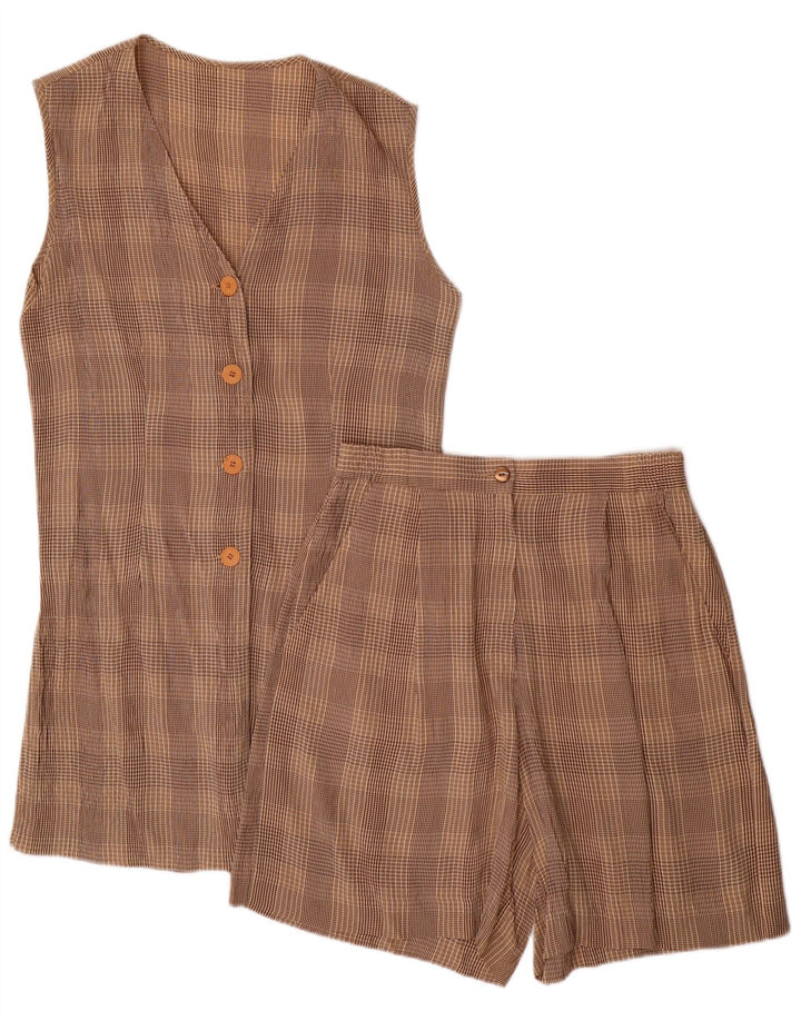VINTAGE Kvinders 4-knap 2-delt sæt UK 10 Small W28 Brown Check Acetate