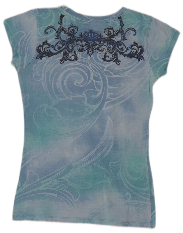 Hard Rock Cafe Dame Rom Grafisk T-Shirt Top UK 10 Small Blue Paisley