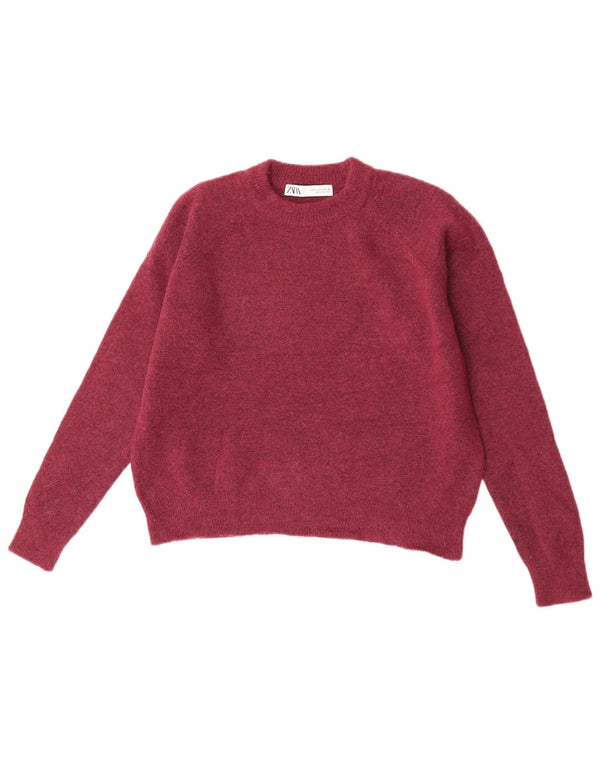 Zara Womens Crop Oversized Crew Neck Jumper Sweater UK 10 Small Burgundy