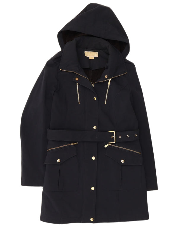 Michael Kors Dame Hooded Trench Coat UK 14 Medium Navy Blue Polyester