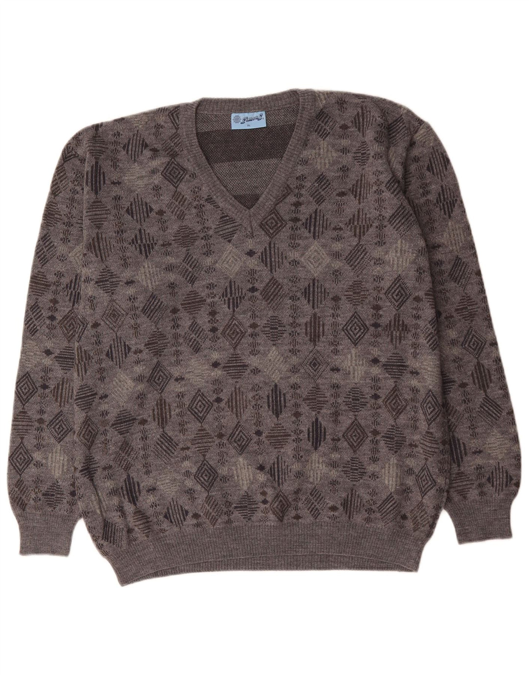 VINTAGE Herre V-hals sweater XL Grå Geometrisk