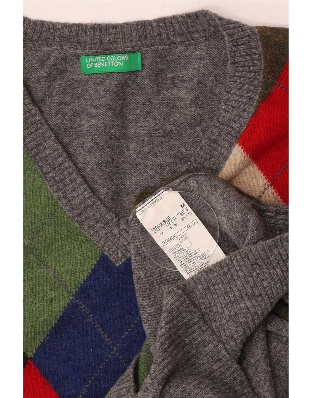 Benetton Herre V-hals sweater Medium Grey Argyle/Diamond Wool