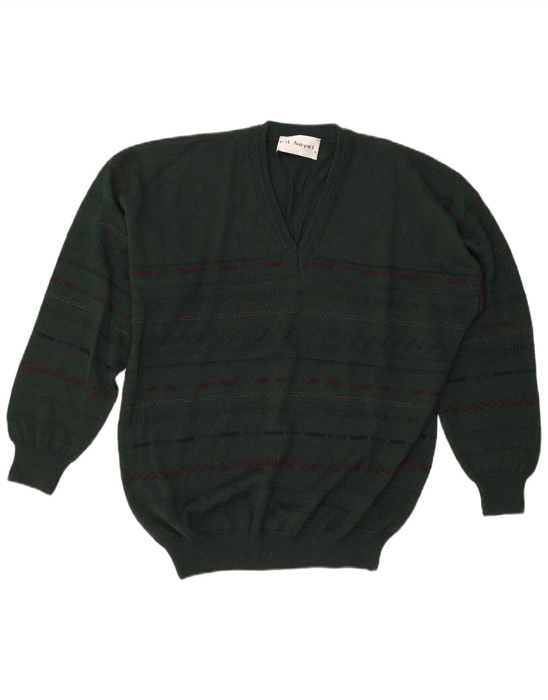Pit Hayet Herre V-hals sweater IT 50 Medium Grøn Stribet Uld