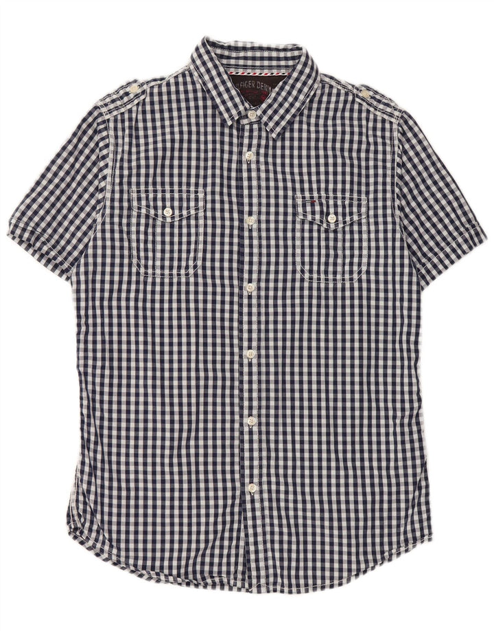 TOMMY HILFIGER Mens Military Short Sleeve Shirt Medium Navy Blue Gingham
