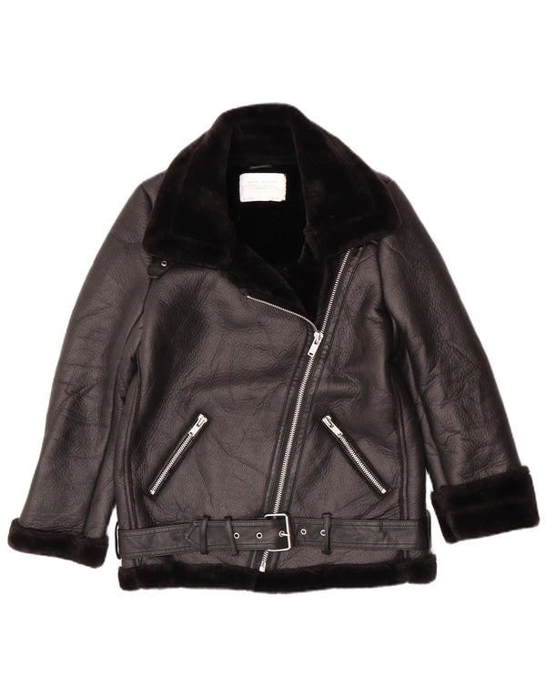 Zara Womens Oversized Faux Leather Sherpa Jacket UK 6 XS Black Polyurethane