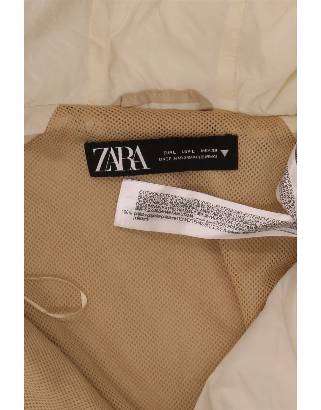 Zara Dame Hætte Quiltet Jakke UK 16 Large Beige Colourblock Polyester