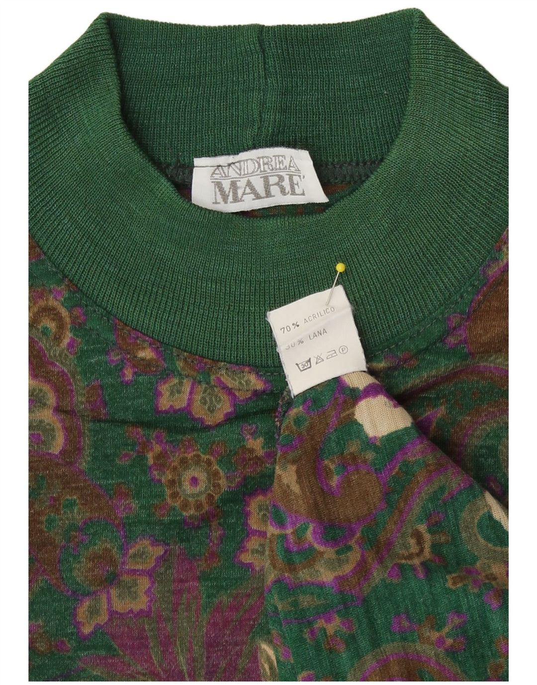 Andrea Mare Dame Turtle Neck Jumper Sweater UK 14 Medium Green Paisley