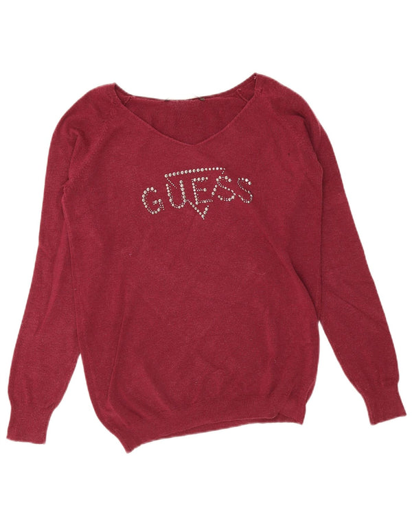 Guess Dame grafisk V-hals sweater UK 10 Small Burgundy Modal