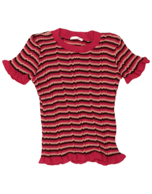 Zara Dame T-Shirt Top UK 8 Small Pink Stribet Polyester