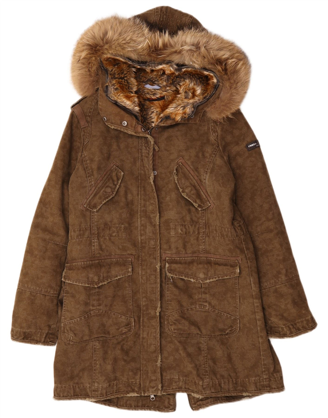 Frieda & Freddies Dame Hooded Parka Jacket EU 40 Medium Khaki Cotton
