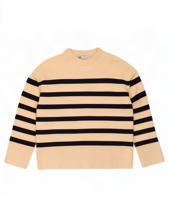 Zara sweater med rund hals til kvinder UK 14 Medium Off White Stribet viskose