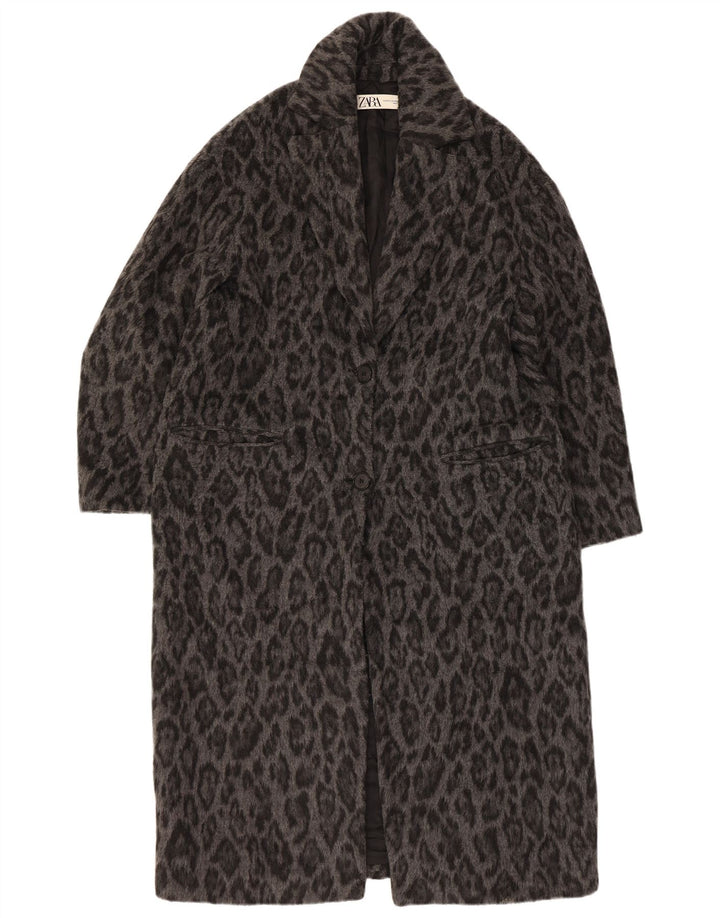 Zara Dame Oversized Overfrakke UK 6 XS Grå Animal Print Uld