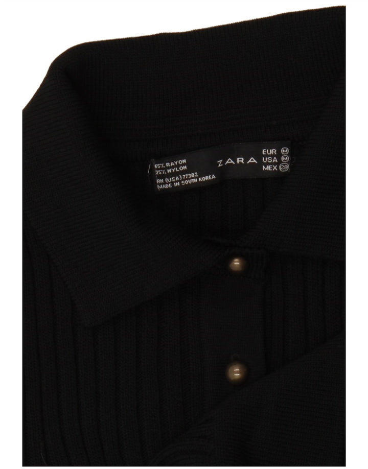 Zara Womens Crop Knit Shirt Bluse UK 12 Medium Black Rayon