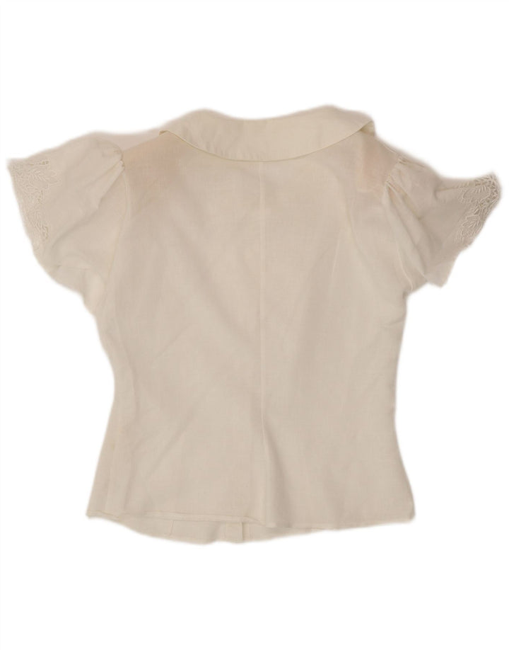 VINTAGE Kortærmet skjortebluse til kvinder UK 12 Medium White Bomuld