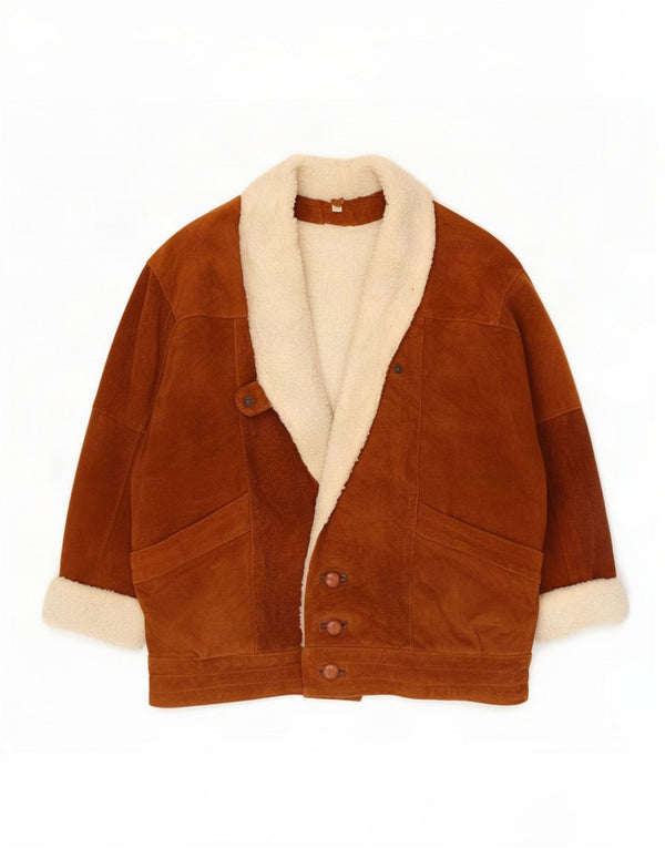 Vintage Herre 3/4-ærmet Shearling-jakke UK 42 XL Brun Colourblock-læder