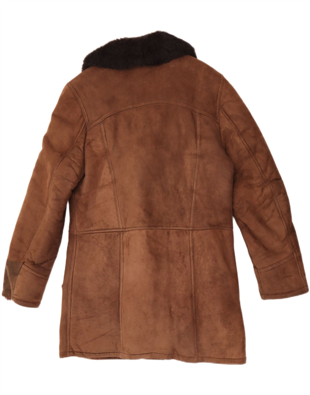 Vintage Herre Shearling Overfrakke UK 38 Medium Brown Colourblock Læder