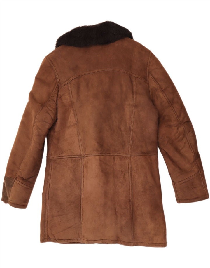 Vintage Herre Shearling Overfrakke UK 38 Medium Brown Colourblock Læder