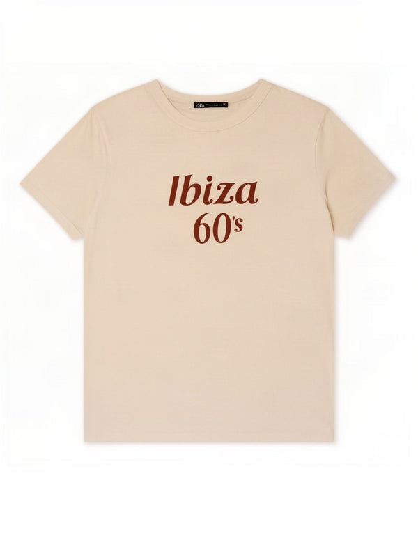 Zara Dame Ibiza Grafisk T-Shirt Top UK 16 Stor Hvid Bomuld