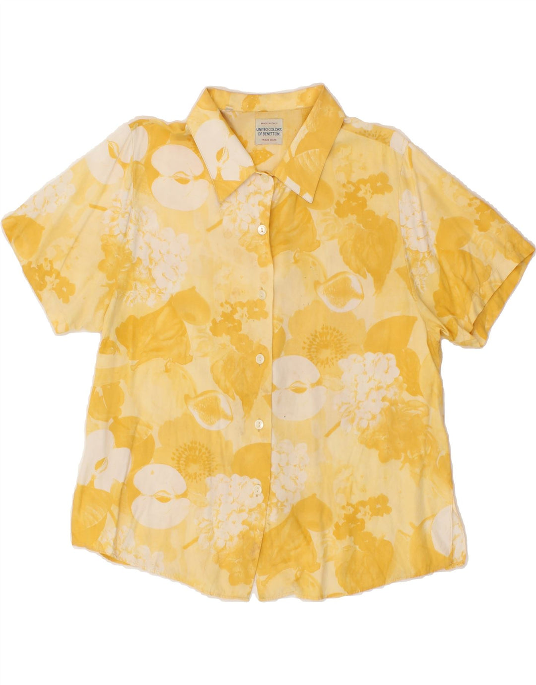 BENETTON Womens Short Sleeve Shirt Blouse IT 42 Medium Yellow Floral Vintage Benetton and Second-Hand Benetton from Messina Hembry 