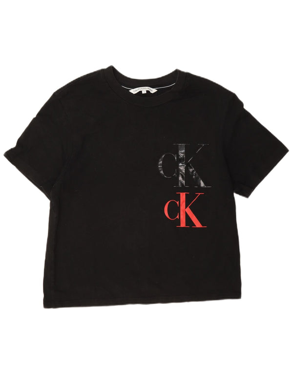 Calvin Klein Jeans Dame Crop Grafisk T-Shirt Top UK 14 Medium Sort