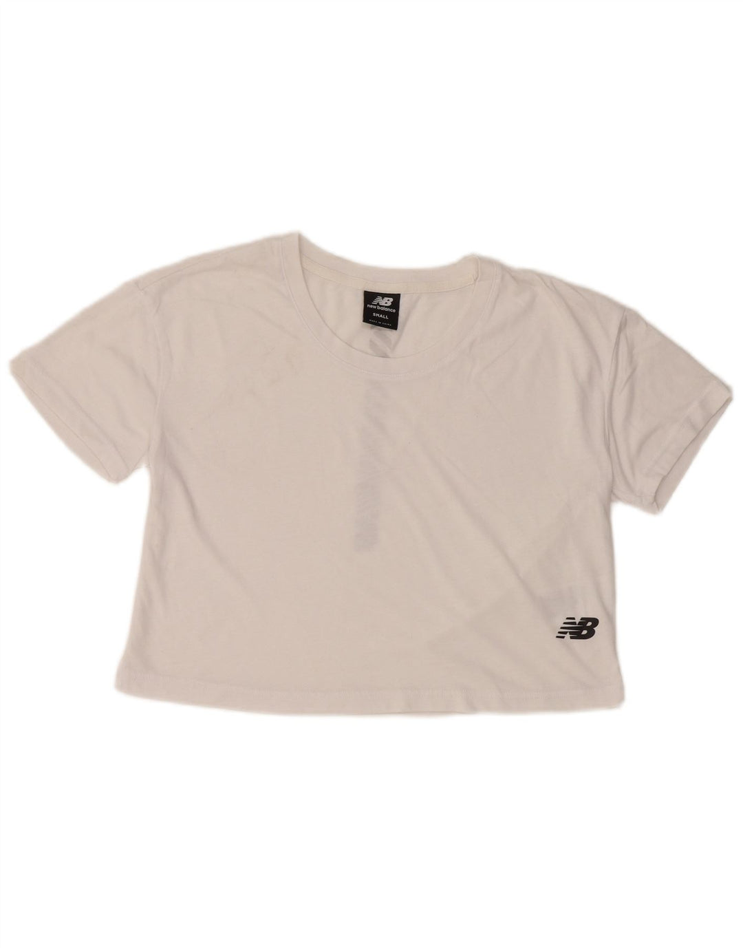 NEW BALANCE Dame Crop Grafisk T-Shirt Top UK 10 Small White Bomuld