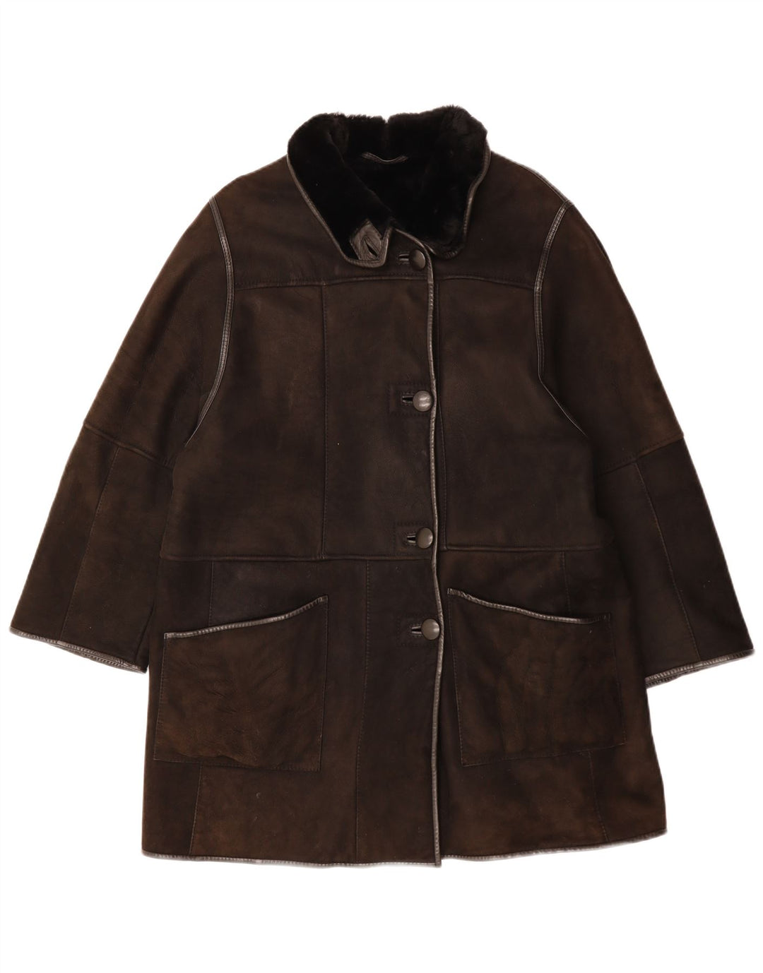 VINTAGE Dame Shearling Coat UK 14 Stor brunt læder