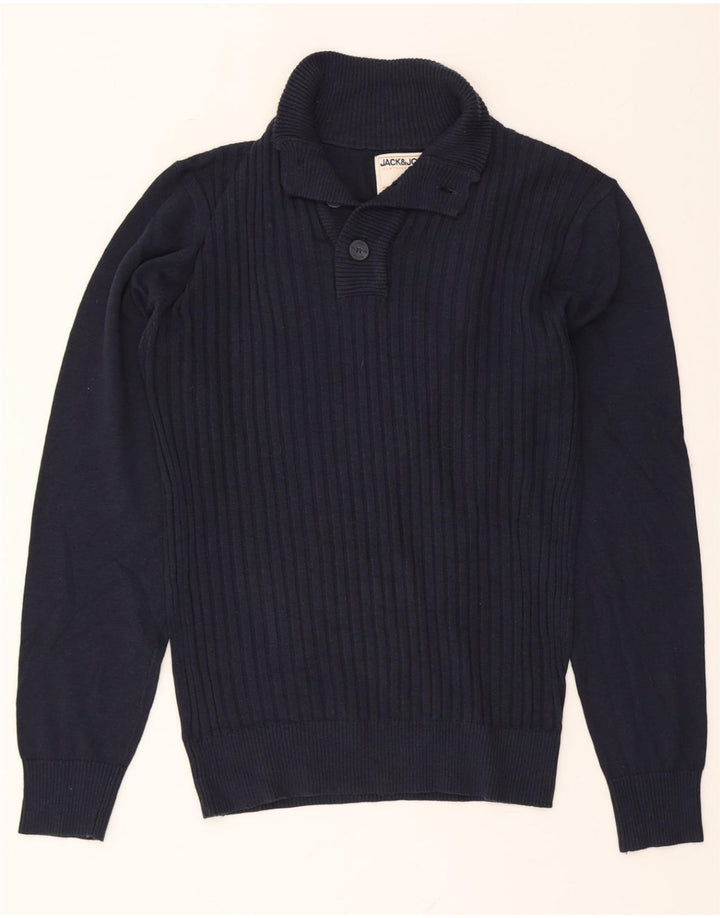JACK & JONES Mens Button Neck Jumper Sweater Medium Navy Blue Vintage Jack & Jones and Second-Hand Jack & Jones from Messina Hembry 