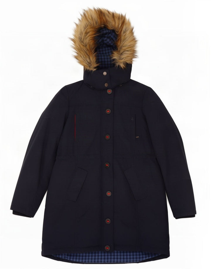 Fat Face Dame Hætte Polstret Frakke UK 14 Medium Navy Blue Nylon