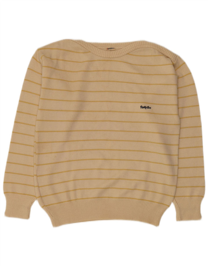 Vintage Herre Boat Neck Jumper Sweater Medium Beige Stribet Polyacryl