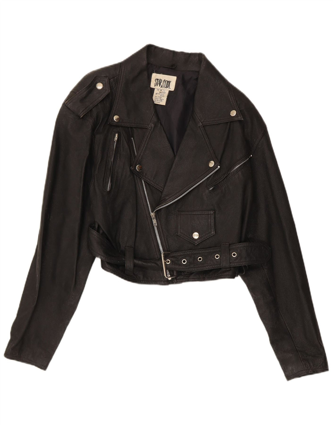 Vintage Dame Crop Læder Biker Jacket UK 10 Lille sort læder