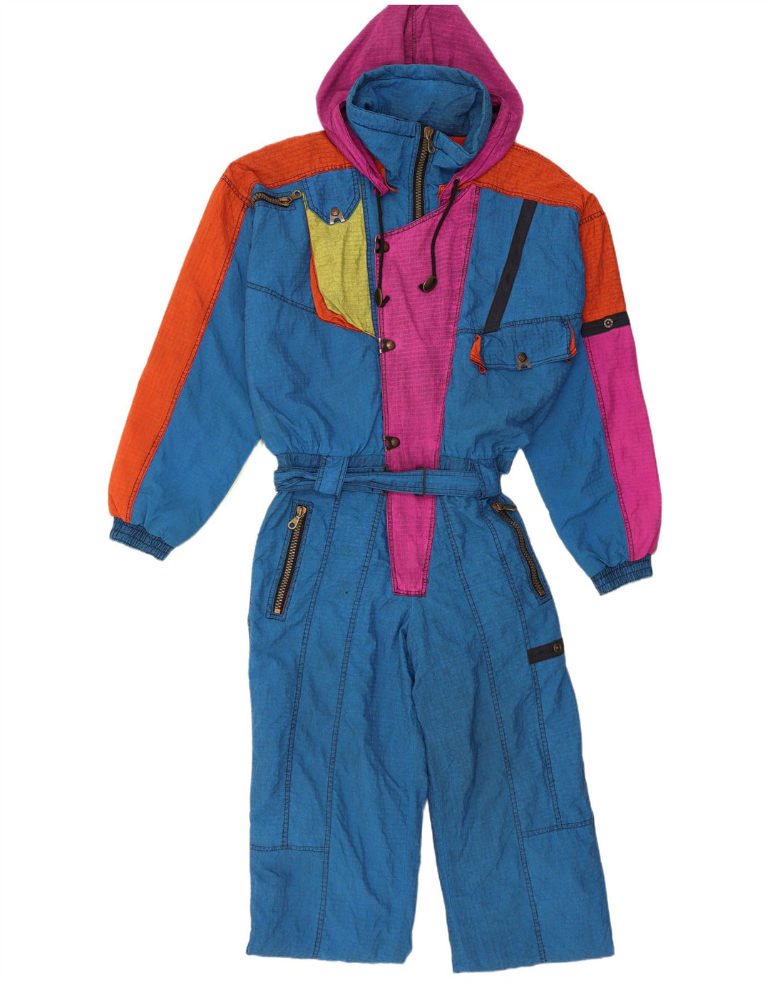 Vintage Ski Jumpsuit til mænd med hætte IT 52 Stor blå farveblok polyamid