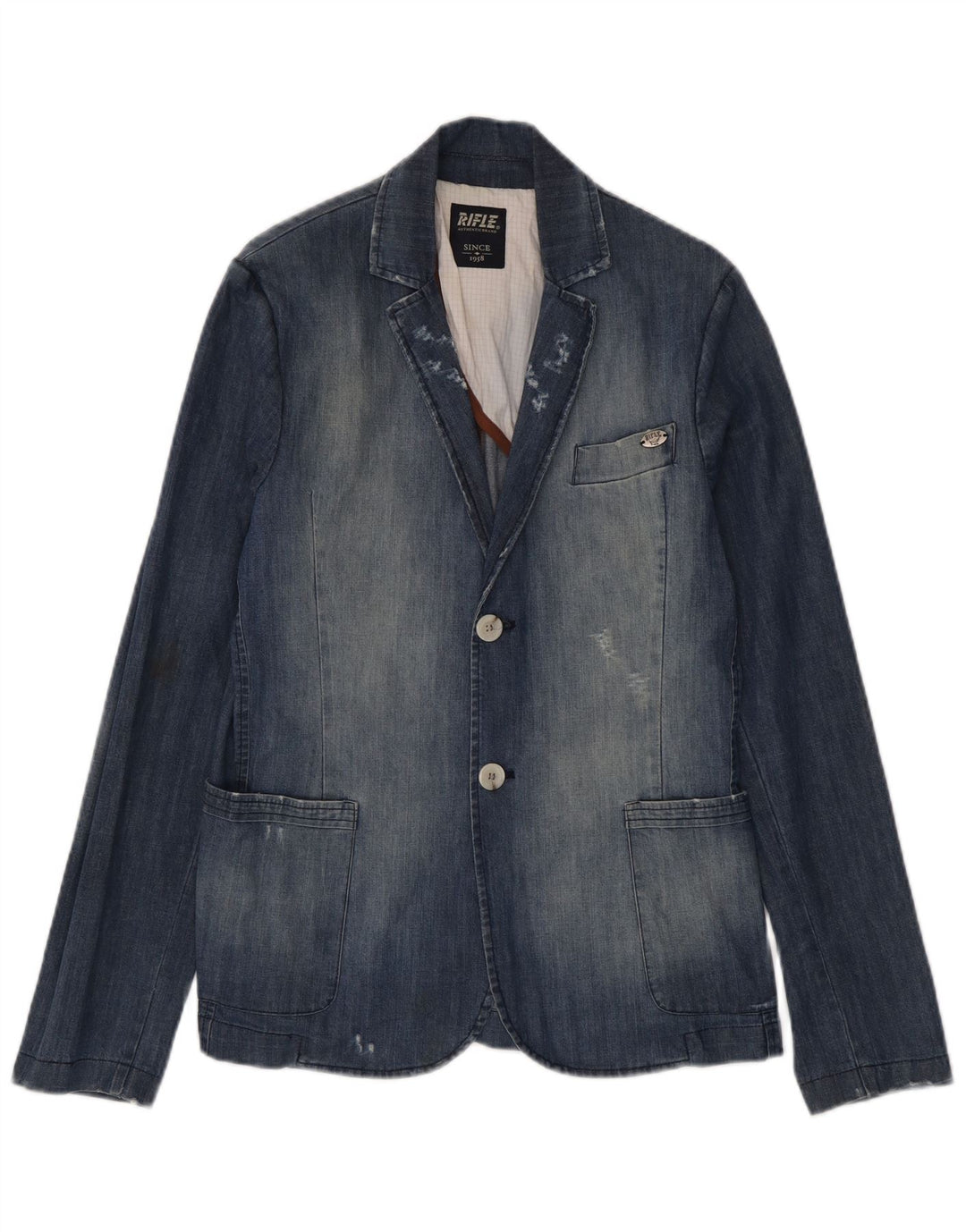 Rifle Herre Distressed Denim Blazer Jacket UK 38 Medium Blue Cotton