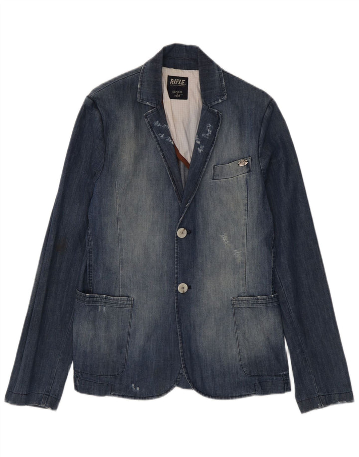 Rifle Herre Distressed Denim Blazer Jacket UK 38 Medium Blue Cotton