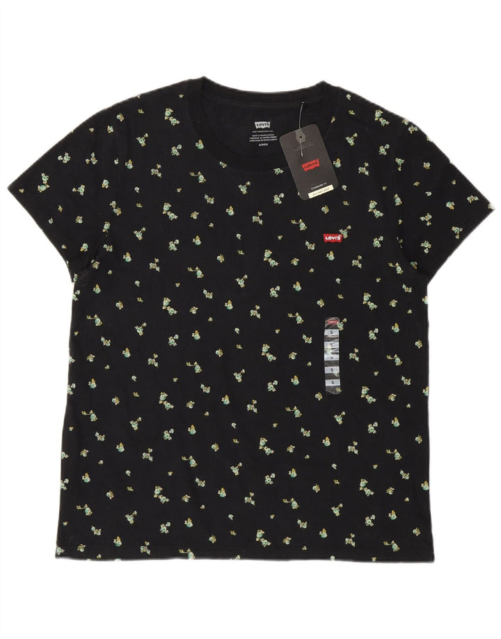 LEVI'S Grafisk T-shirt top til kvinder UK 10 Lille sort blomstret bomuldsblomst