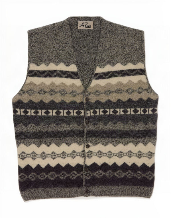 Rodes Mens Sleeveless Cardigan Sweater Medium Grey Fair Isle Virgin Wool