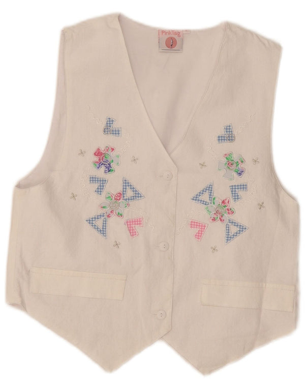 Vintage Kvinders grafisk vest UK 12 Medium White Floral Bomuld