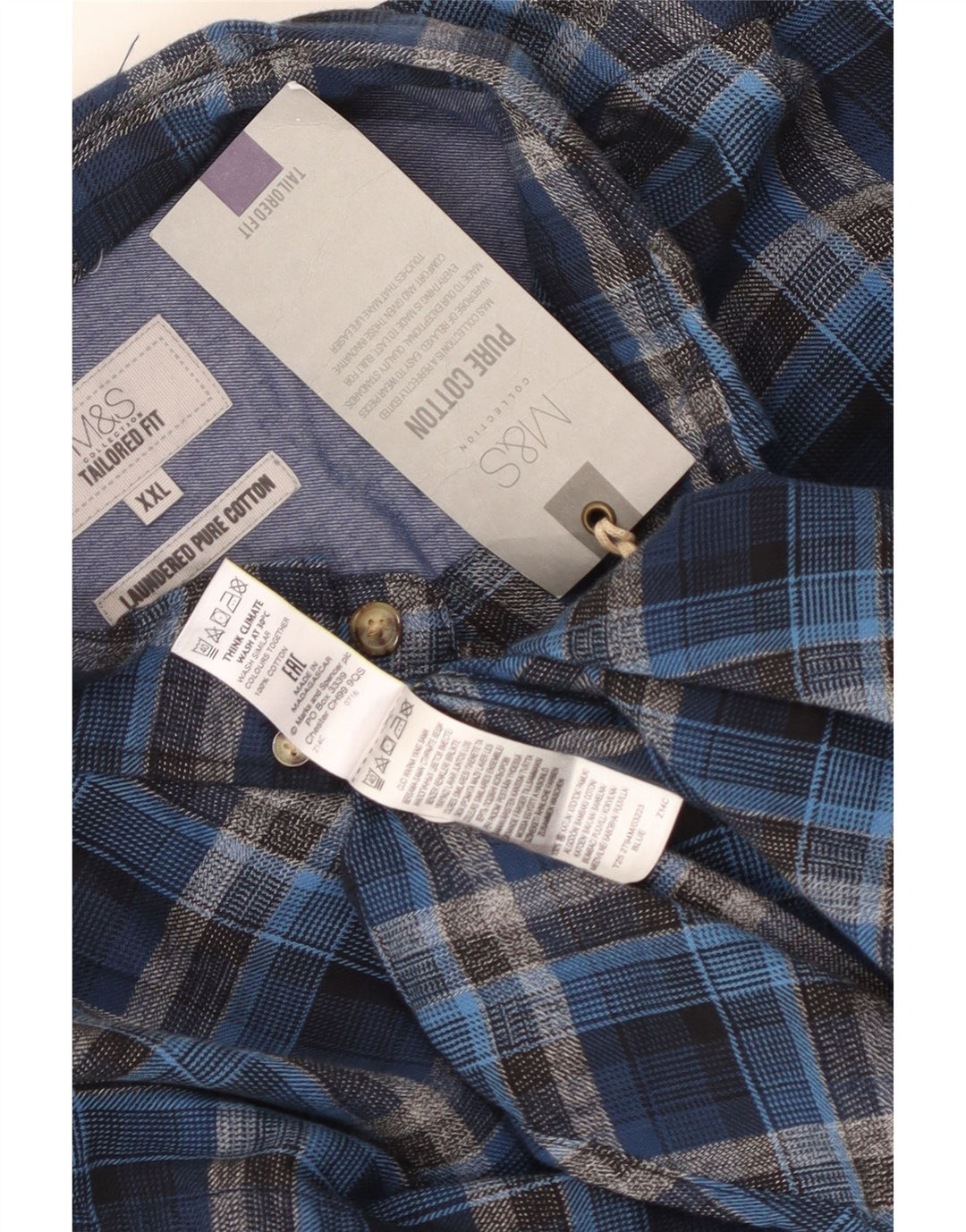 MARKS & SPENCER Herre skræddersyet pasform flannelskjorte 2XL blå ternet bomuld