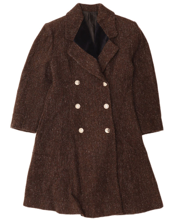 VINTAGE dobbeltradet frakke til kvinder UK 12 Mellembrun flækket uld