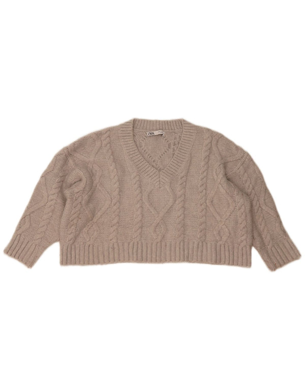 Zara Womens Crop Oversized V-hals sweater UK 10 Small Grå Akryl