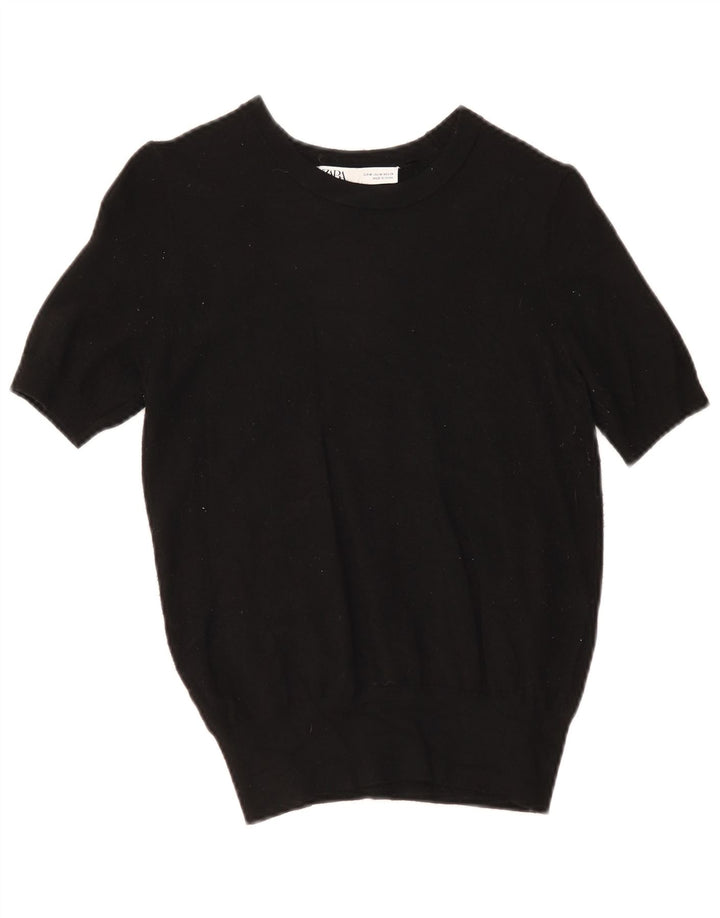 Zara Dame strikket kortærmet bluse Top UK 12 Medium Black Viscose