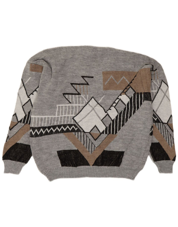 Vintage herre V-hals sweater stor grå geometrisk akryl