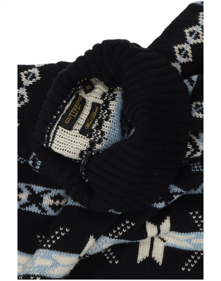 GUTTERIDGE Herre Rullehalstrøje XL Navy Blue Fair Isle Wool