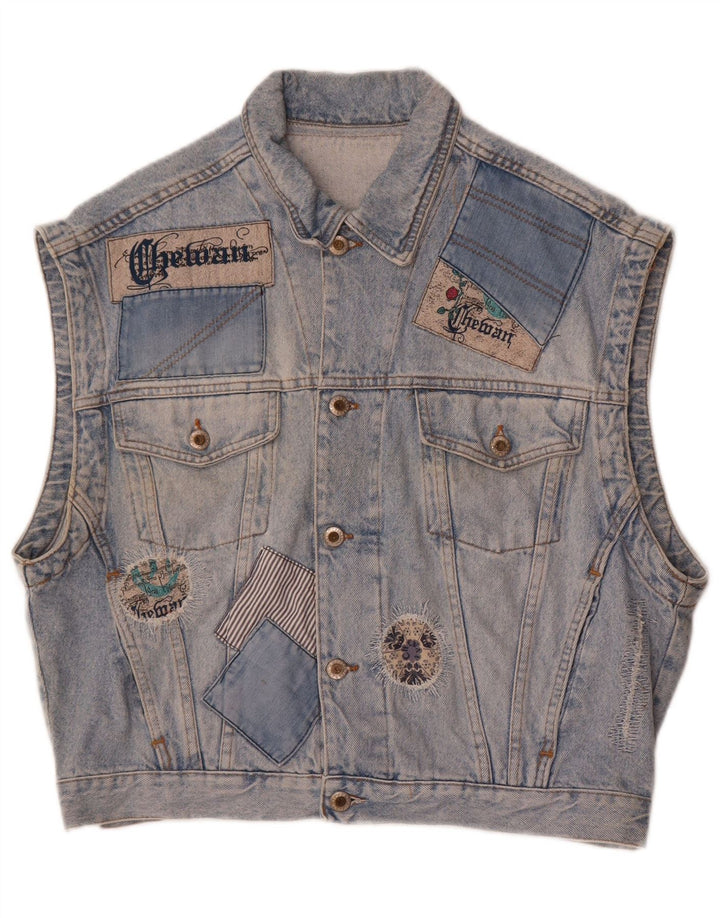 Vintage Herre Grafisk Denim Gilet UK 40 Large Blue Patchwork Bomuld