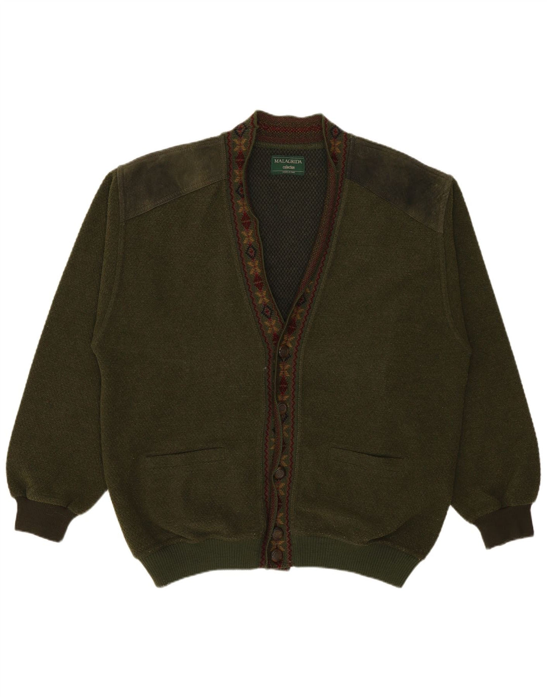 Malagrida herre cardigan sweater Large Khaki Fair Isle Wool