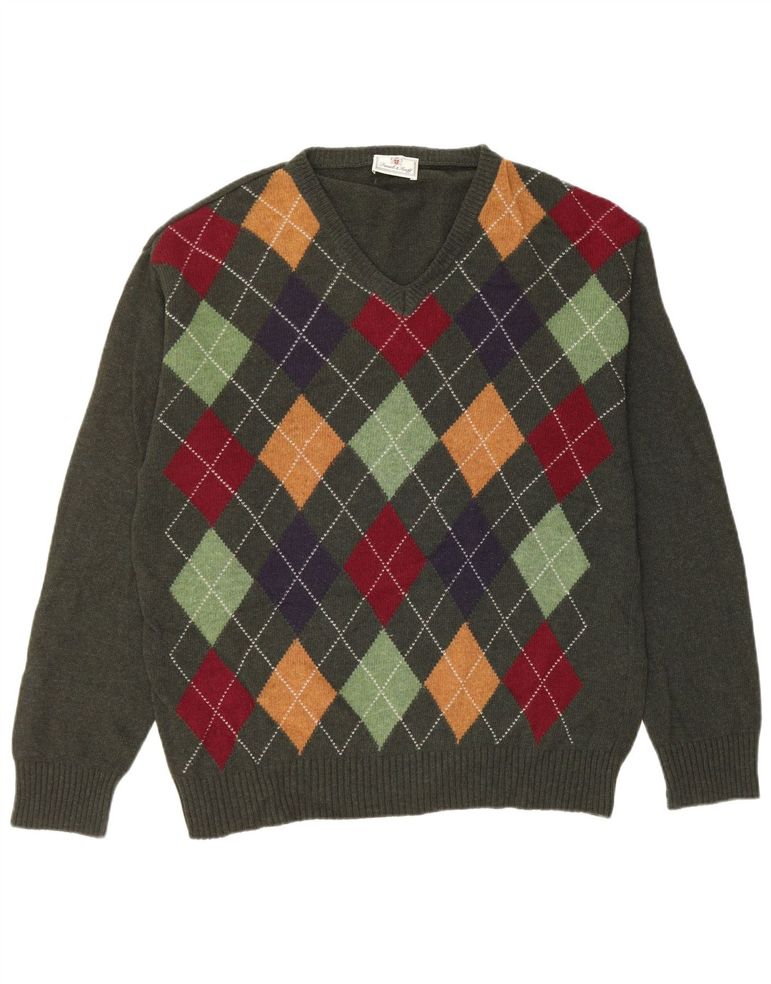 VINTAGE Herre V-hals sweater Medium Green Argyle/Diamond New Wool